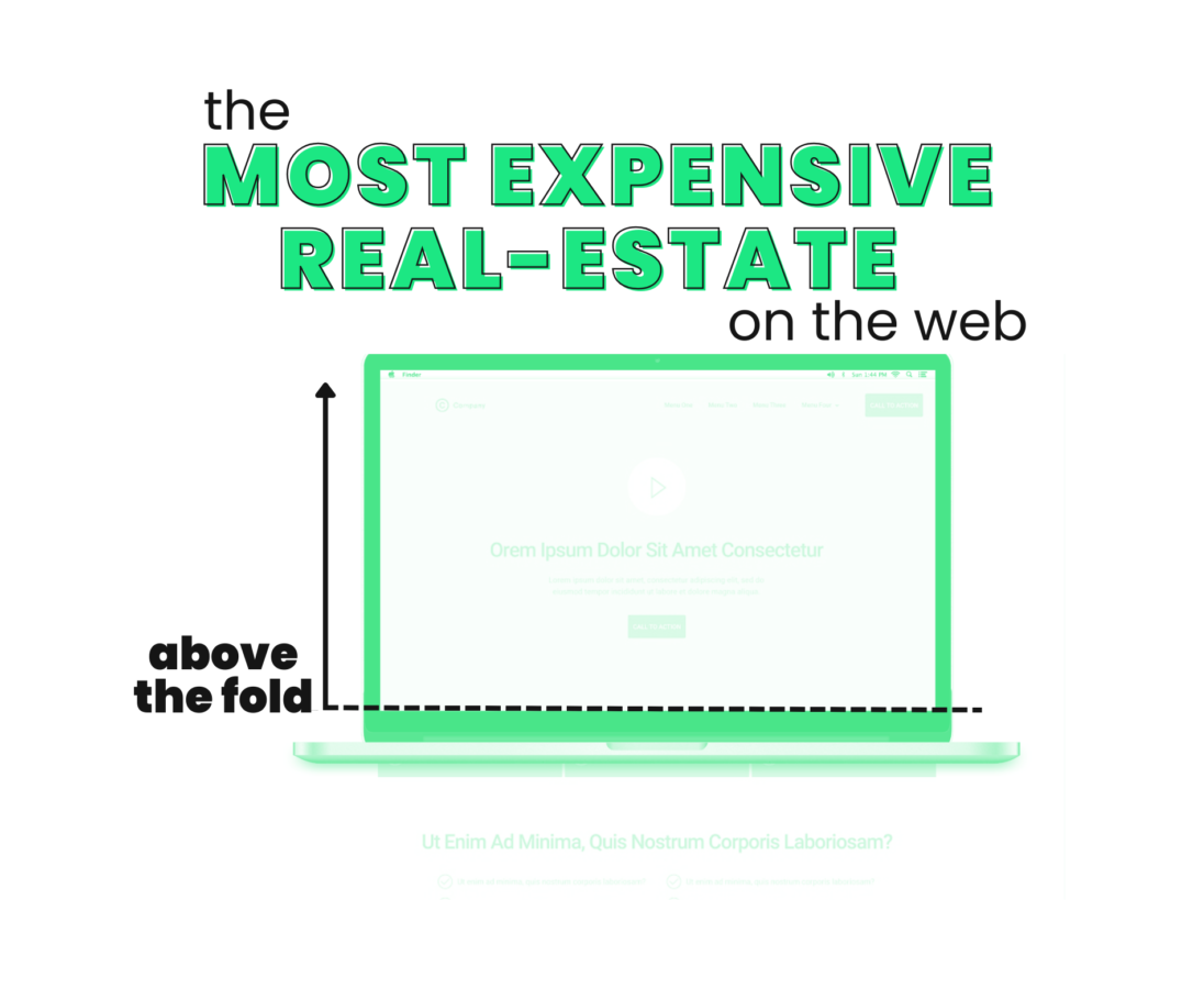 A laptop screen highlighting the top section of a website to show that the area above the fold of the laptop is the most important and expensive real-estate on the web.