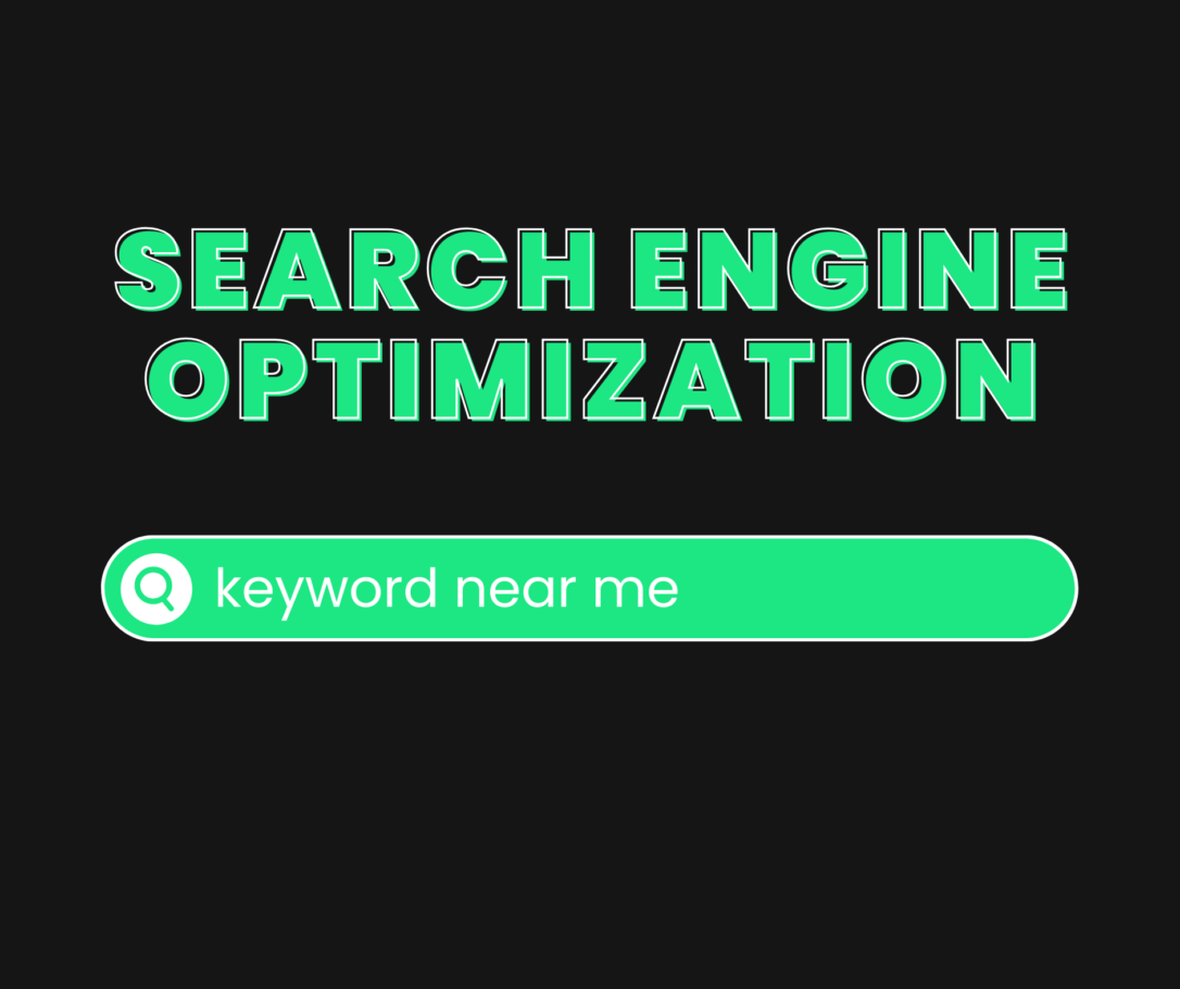 A search bar with the words typed in "key word near me" and the word "search engine optimization" above it.