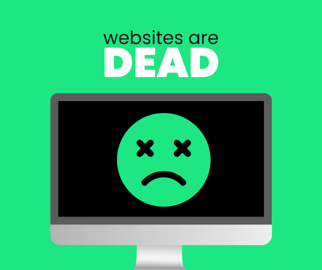 A laptop with a sad face with X-s for eyes to show that websites are dead.